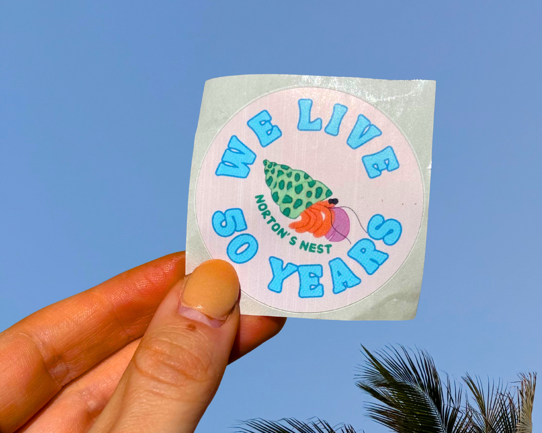 nortons-nest-hermit-crab-logo-sticker-blue-crab-pet-supplies-we-live-50-years