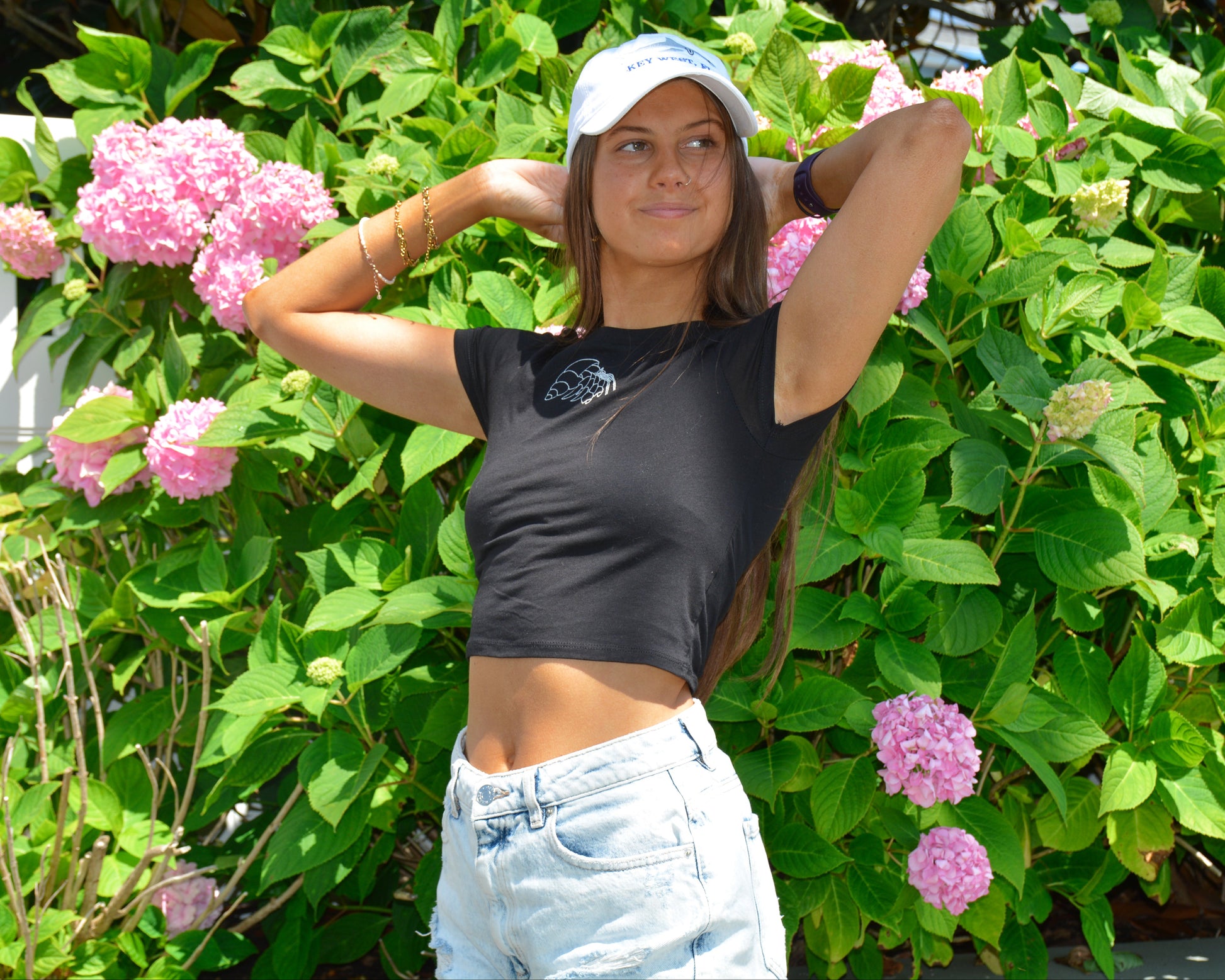 nortons-nest-janie-tee-shirt-top-baby-tee-cropped-hermit-crab-embroidered-shirt-white-black-navy-coastal-apparel-pet-supplies-janie-groeling-reptiles-crab-beach-clothes